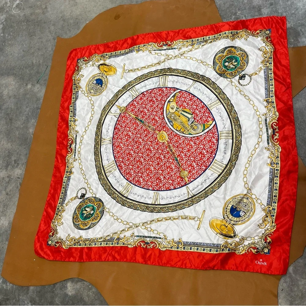 Vintage Silk Scarf Red and Gold Clock Motif Scarf Olpan